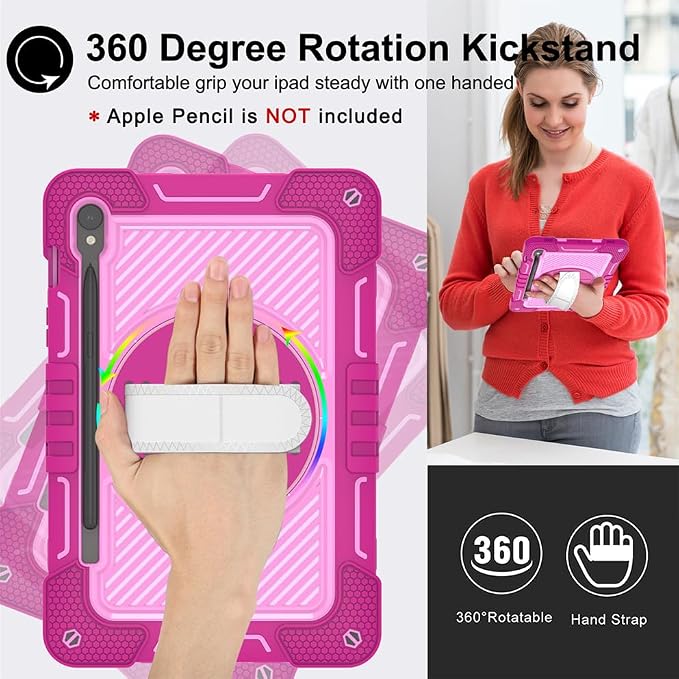 Case for Samsung Galaxy Tab S10 Lite 10.9-Inch Tablet – Shockproof Silicone Protective Cover with Shoulder StrapWrist Strap Drop-Resistant Business Style (Rose red+Pink)