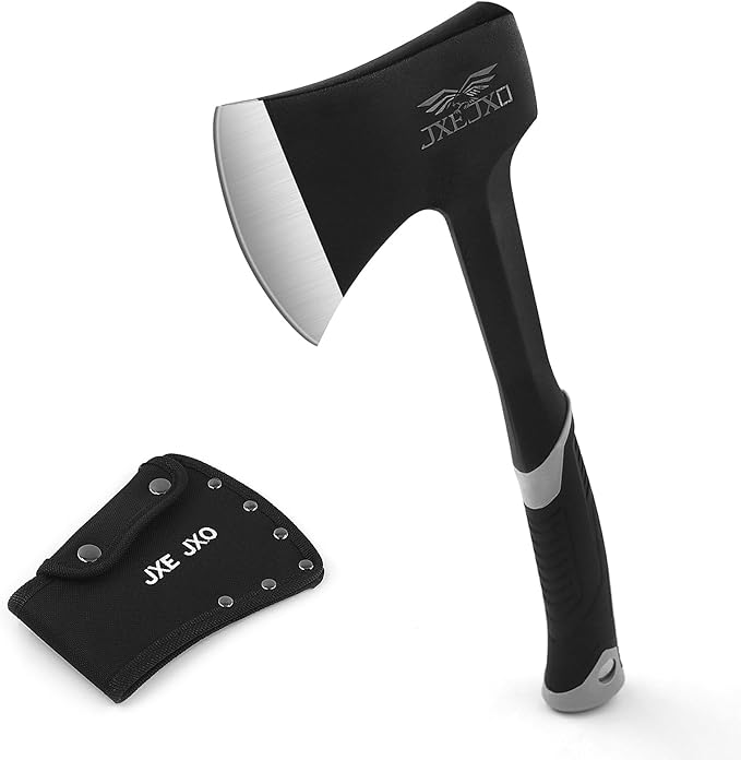 JXE JXO Camping Axe & Hatchets - 14.4" Chopping Axe with Sheath, Forged Steel Construction & Ergonomic Shock-Absorbing Grip (Grey