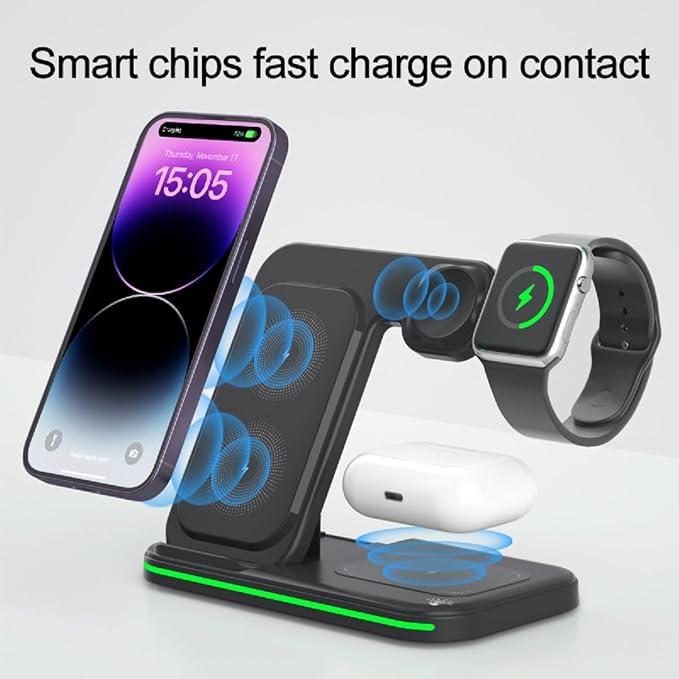 Foldable 3 in 1 Charging Station Dual Coil Wireless Charger for iPhone 17 Apple Watch Ultra 1-10 Charging Dock for Air. Pods (No A/C Adapter USB C to C Cord)