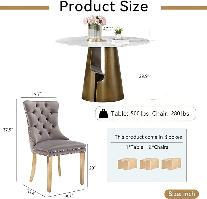 3-Piece Faux Marble Round Dining Table Set for 2, Modern Luxury Kitchen Table Set for 2 with Grey Tufted Chairs,Circle Dining Tables with White Marble Grain Top and Bronze Pedestal Base