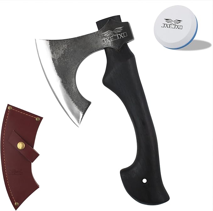 JXE JXO 13 Inch Hatchet, Camping Hatchet 1065 High Manganese Steel, Hickory Handle Tomahawk Axe with Leather Sheath