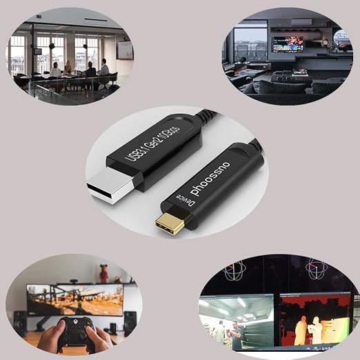 USB A to C Extension Fiber Optical Cable USB 3.2 Gen2 10Gbps 10M 33FT Right Angled Compatible with Microsoft Azure Logitech Aver Vaddio Camera Barco ClickShare Kinect Intel RealSense