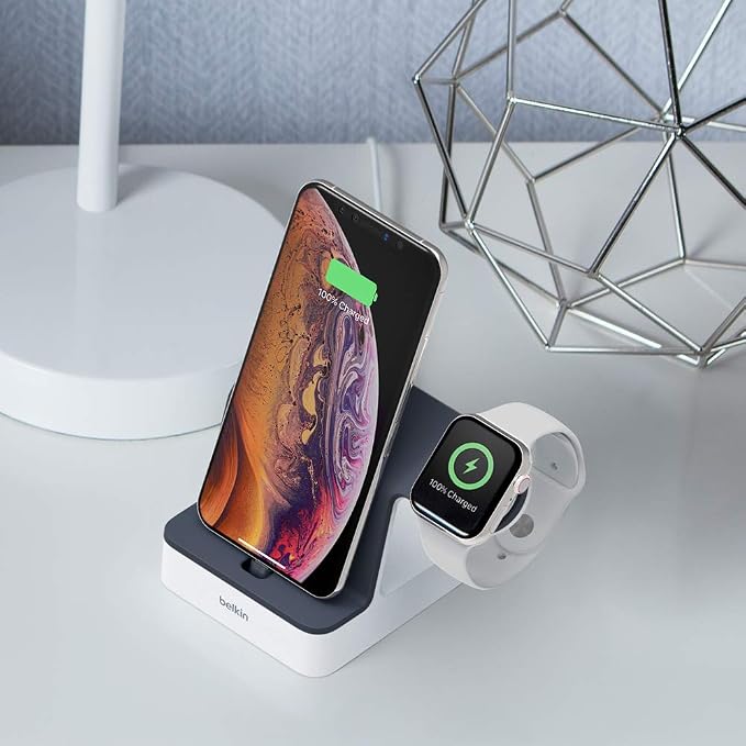 Belkin Magnetic 2-in-1 Lightning Charging Dock for Apple iPhone and Apple Watch - Black | Apple iPhone and Apple Watch compatible Lightning connector desk charging dock dual device charger