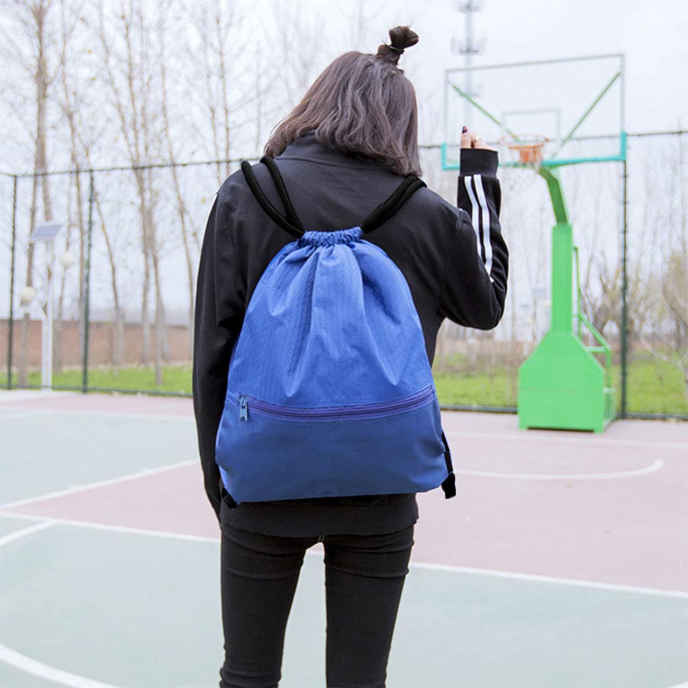 Drawstring Backpack Bag, Sports Gym Sackpack with Zipper Pocket-Deep Blue