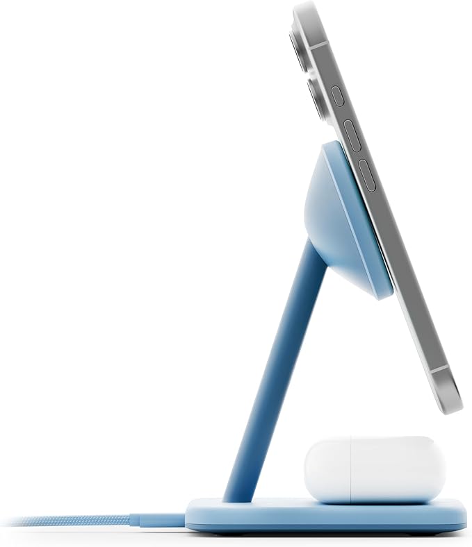 Twelve South HiRise 2 Deluxe 2-in-1 Wireless Charging Station for Apple Devices Qi2 MagSafe Charger, Fast Charger Stand for iPhone 15 14 13 12 Pro & Max Series AirPods Pro/3/2, Glacial Blue
