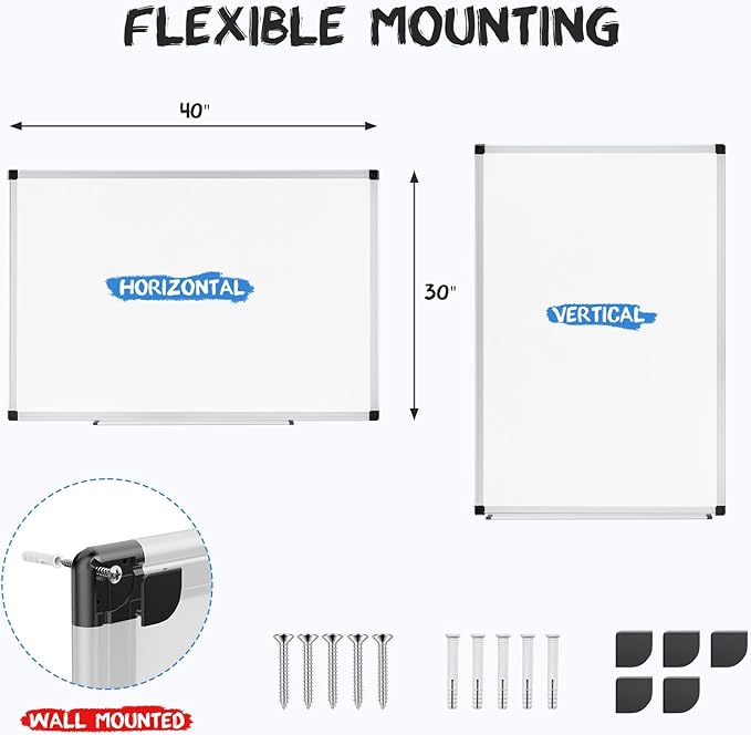 OLIXIS Magnetic White Board, Dry Erase Board for Wall 30" x 40", Whiteboard with 1 Dry Eraser & 2 Multicolor Markers & 4 Magnetic Pins, Aluminium Frame for Home, School, Office, White