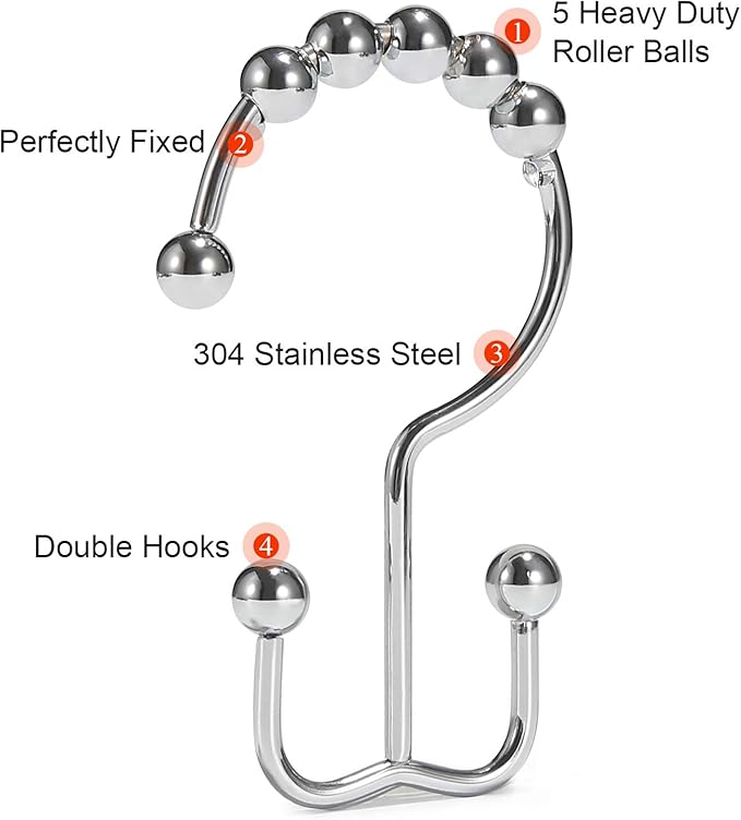 Shower Curtain Hooks, Goowin Shower Curtain Rings, Stainless Steel Shower Curtain Hooks Rust Proof Free Sliding Double Shower Hooks for Curtain, Shower Curtains & Liners (Chrome)