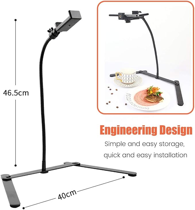 Ajustable Tripod with Cellphone Holder Overhead Phone Mount Table Top Teaching Online Stand for Live Streaming and Online Video and Food Crafting Demo Drawing Sketching Recording