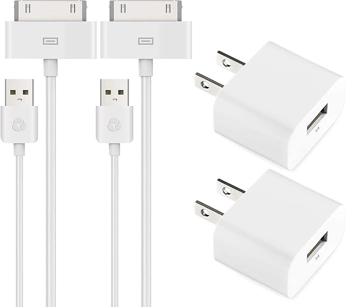 ESK Certified 6 Feet 30 Pin USB Charging Cable with 5W USB Power Adapter for iPhone 4/4s iPhone 3G/3GS iPad 1/2/3 iPod Touch 1/2/3/4 (2 Pack)