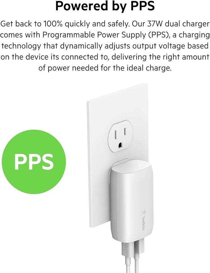 Belkin 37W USB C and USB A Charger Block USB C to Lightning Cable | 25W USB C Port 12W USB A Port PPS Super Fast Charging iPhone iPad AirPods and More