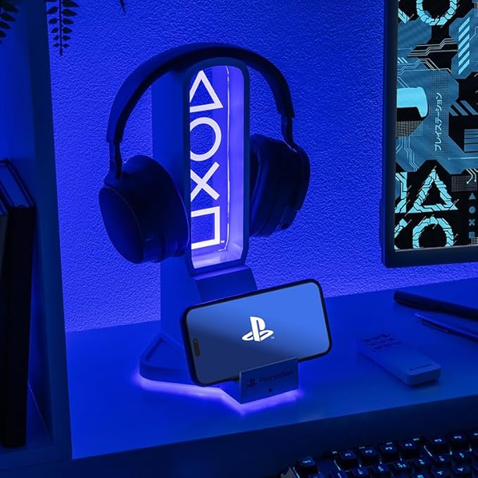 Paladone PlayStation 3-in-1 Headphone Stand and Tech Charging Station with Console Controller Cradle and 2 USB-C Ports RGB Colour Changing Light Panel Officially Licensed Gift for Gamers