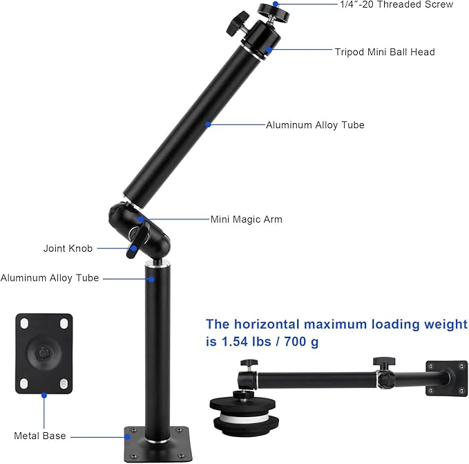Mippko Articulating Wall Mount Camera Arm with 1/4 inch-20 Threaded Compatible with Digital/Security/Webcam/CCTV POV Camcorder/Video Light/Small Cameras,Adjustable Aluminium Alloy Arm