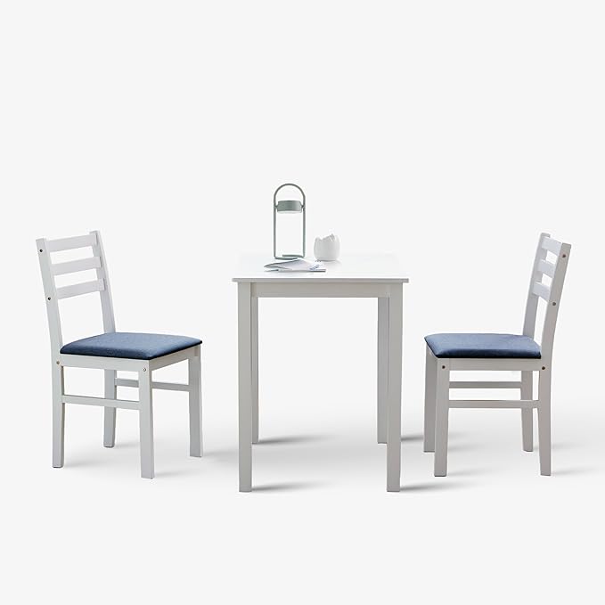 Livinia Seattle 3-Piece Wooden Dining Table Set for 2, Modern Farmhouse Kitchen Dining Room Set with Solid Wood Ladder Back Chairs for Small Space (White)