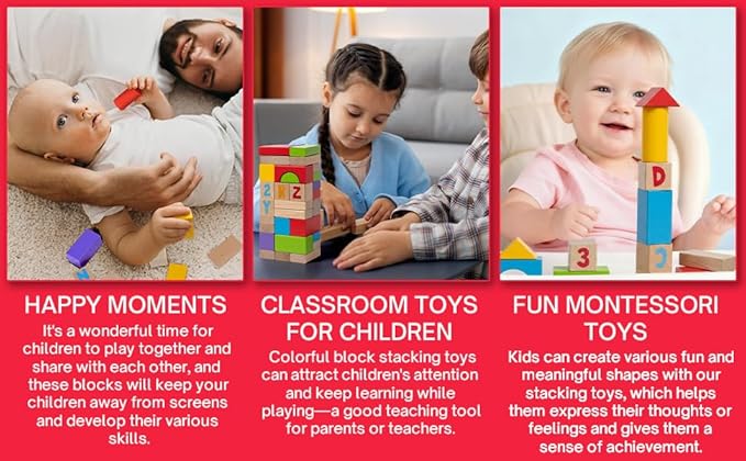 Alphabet Number Wooden Building Blocks Set -100 Blocks in 5 Water Paint Colors and 7 Shapes. Preschool Montessori Kids Baby Toys. Stacking Learning Toys for Toddlers. Age 18 Months +