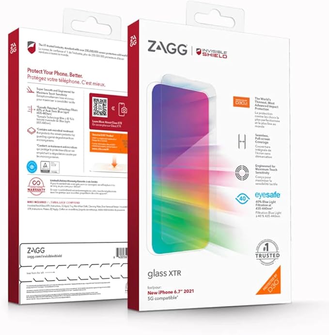 ZAGG InvisibleShield Glass XTR2 Screen Protector for iPhone 13 pro max and 14 Plus - Maximum Impact Protection Anti-Reflective Anti-Dust Edge-to-Edge Blue Light Filter Easy Install