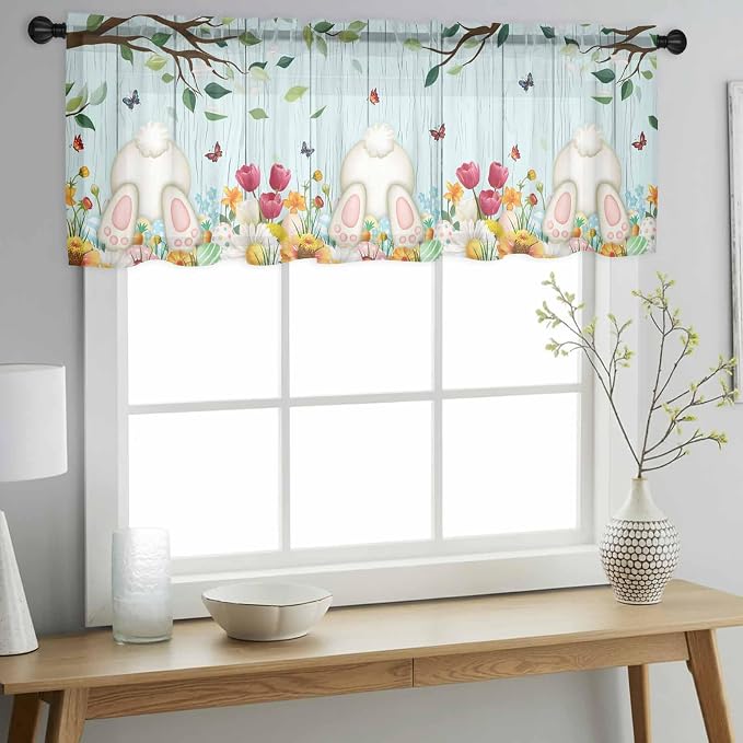 Easter Sheer Valances for Windows 42"x12", Light Filtering Kitchen Curtains
