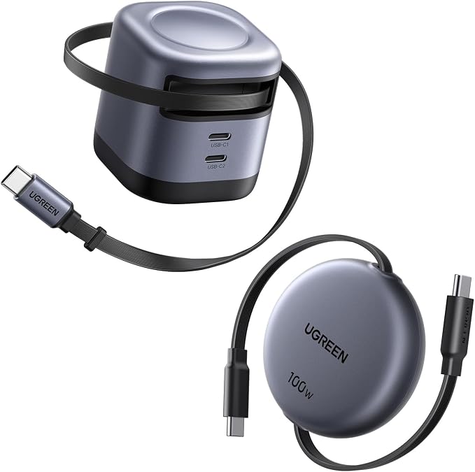 UGREEN Bundle Item: 45W 3 in 1 Compact GaN Retractable Charger and 100W Retractable USB C Cable for MacBook Pro/Air iPad Pro iPhone 16 Pro Galaxy S24 Ultra Pixel 9 Steam Deck ROG Ally
