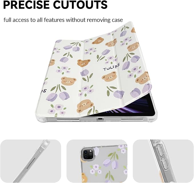 Lovmooful for iPad 9/8/7 Gen Case with Pencil Holder Cute-Bear Flower | Fit for iPad 9/8/7 (10.2-Inch2021/2020/2019 Model9th/8th/7th Generation)Soft TPUTrifold StandProtectiveGirly