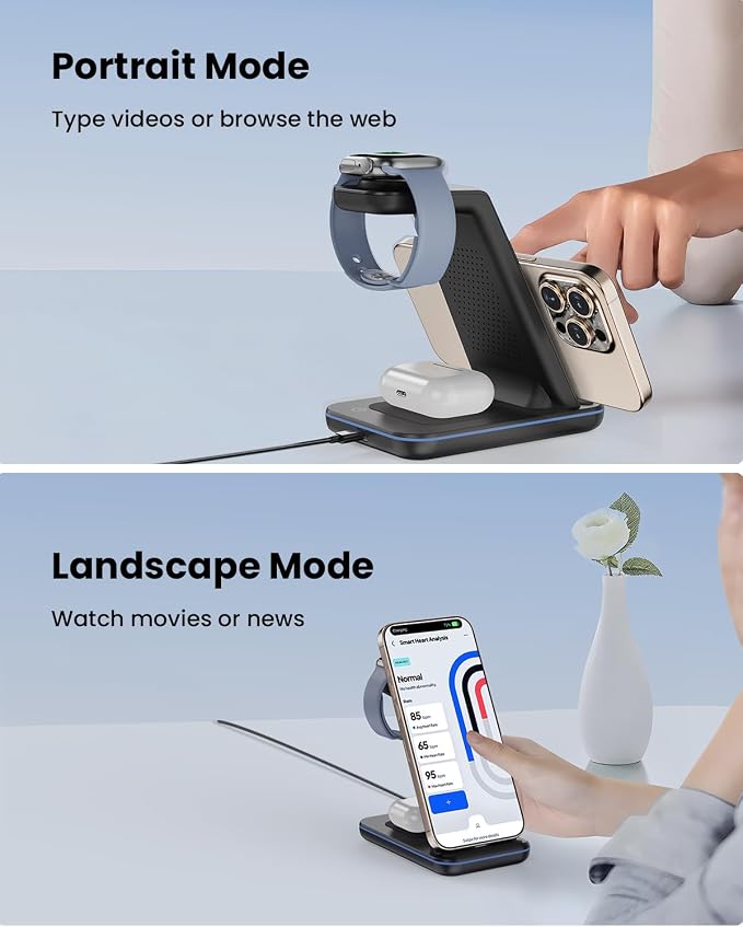 Wireless Charger Stand CIYOYO 3 in 1 Fast Wireless Charging Station Dock for Apple Watch 11/9/8/7/6/SE/5/4/3/2 Airpods 3/2/Pro iPhone 17/16/15/14/14 Plus/14 Pro Max/13/13 Pro/12/12 Pro/SE/X/XR/XS/8