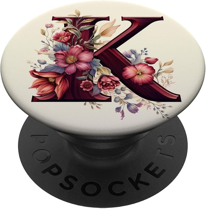 Beige Maroon Floral Initial Letter K Monogram Flowers PopSockets Adhesive PopGrip