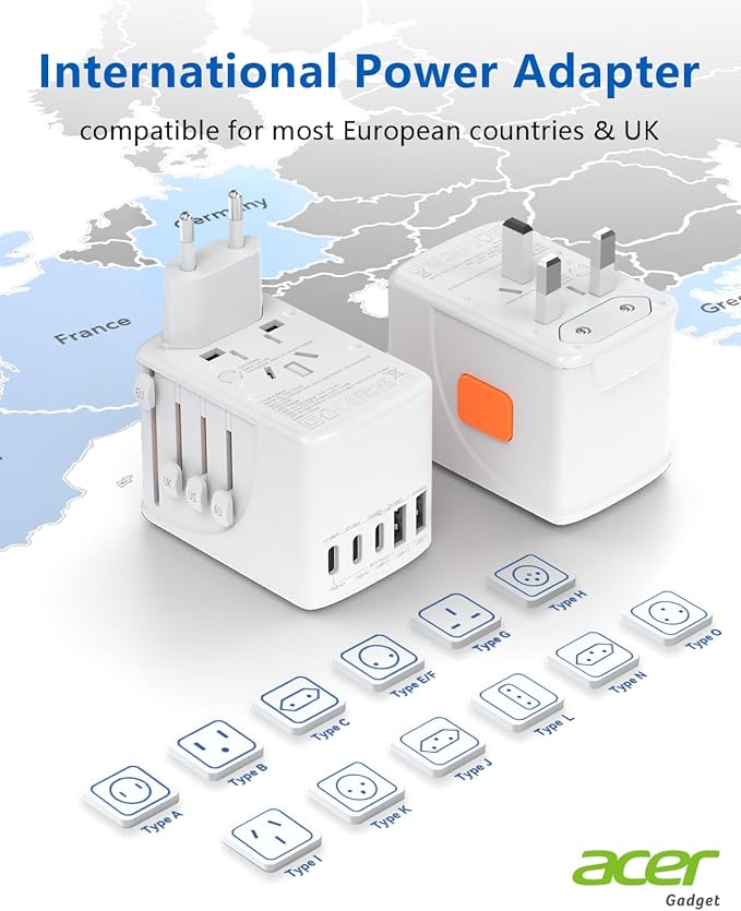 Acer Universal Travel Plug Adapter - International Power Adapter with 5 USB Ports (3 USB C) 5.8A, Worldwide Outlet Charger for USA to European UK France Germany Spain, Type C/E/F/G/I/L/A, White