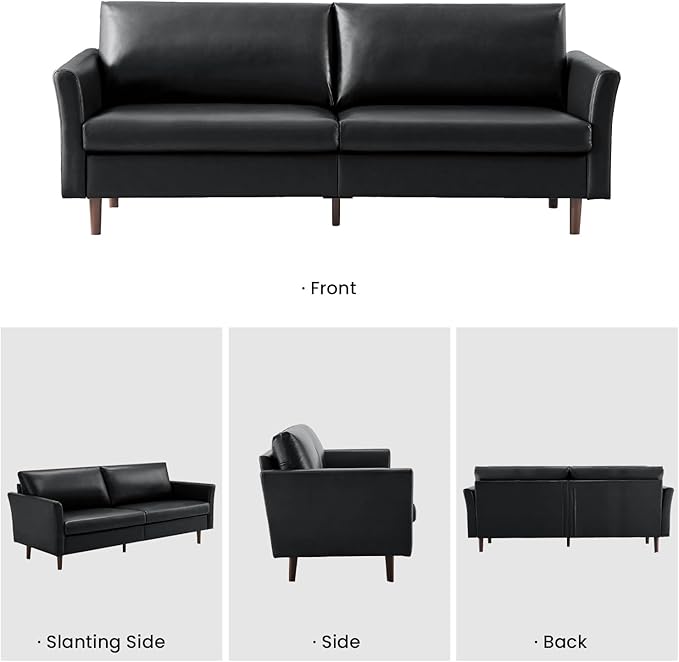 Kingfun Faux Leather 3 Seat Couch for Living Room, Mid Century Modern Sofa with Rolled Arms and Deep Seats, Fluffy Comfort for Apartment, Easy to Assemble, Black