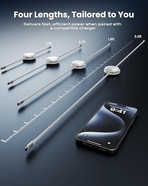 iOttie Basix 100W Retractable USB-C Cable Fast Charging USB C-to-C Cable with 4 Adjustable Cable Lengths USB C Cable for iPhone 17/17 Air/17 Pro/Pro Max 16 15 Series Samsung S24/23+