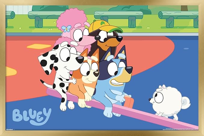 Bluey (2018) - Bluey and Friends See Saw Fun Wall Poster, 34L" x 22.4W", Gold Framed Version