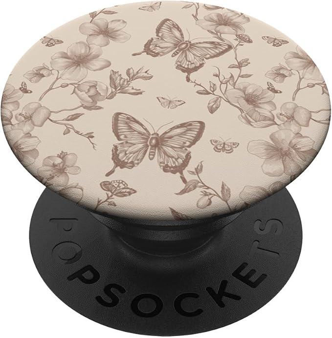 Vintage Butterfly Flower Toile Pattern Tan Sand Beige Brown PopSockets PopGrip for MagSafe