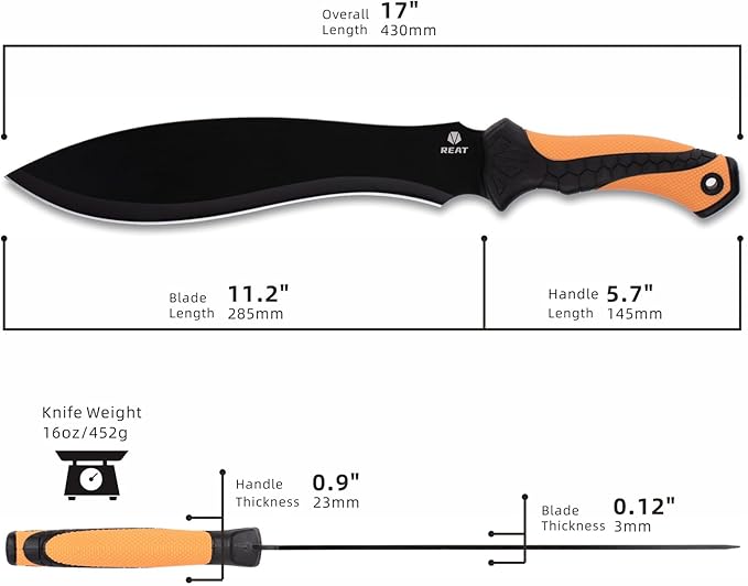 REAT Gardenging Machete, 17" Heavy Duty Machete with Sheath, Ergonomic No-Slip Handle, Machetes for Cutting Trees,Yard Work,Bushcraft