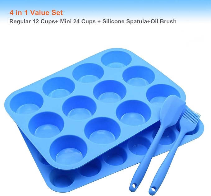 Helpcook Silicone Muffin Pan Cupcake Set,Non-Stick 12 Cups and Mini 24 Cups