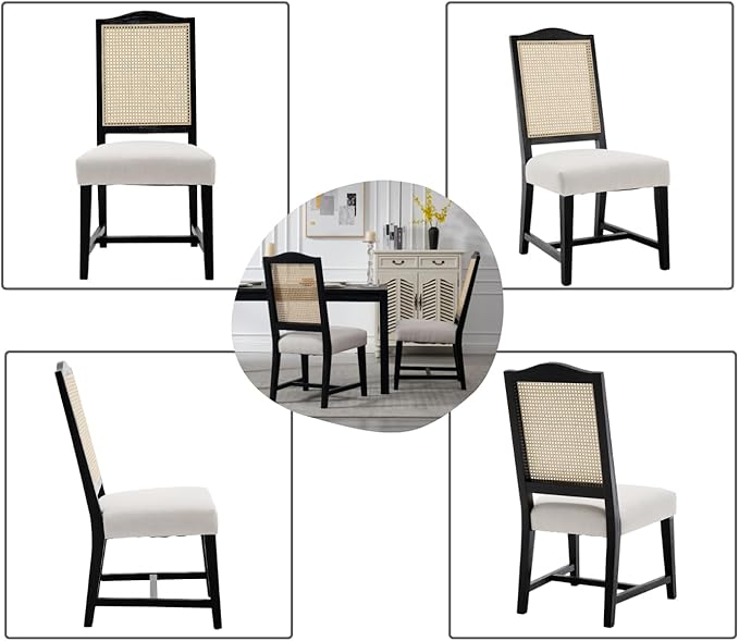 EALSON Rattan Dining Chairs Set of 6 Linen Upholstered Chairs for Dining Room, Mid-Century Modern, Black Wood Frame, Beige