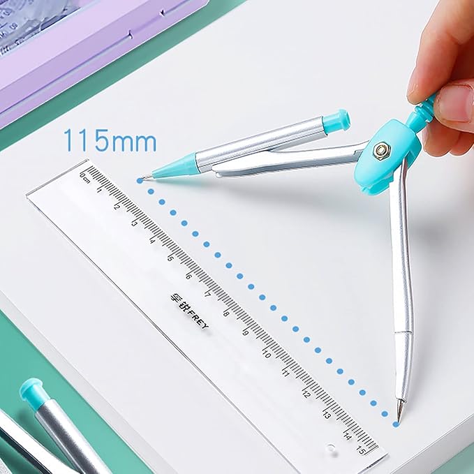 Math Geometry Kit Sets 7 Piece Student Supplieswith Shatterproof Storage Box, Compass for Geometry, Protractor Set, Geometry Kit, Drawing Tools, Drafting Set （Blue）
