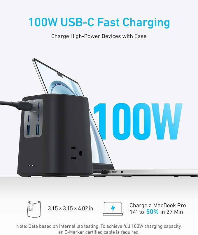 Anker 310 USB C to USB C Cable (3ft, 2 Pack),Type C Fast Charging Cable Charging Station (100W), 9-in-1 USB C Power Strip with 300J Surge Protection