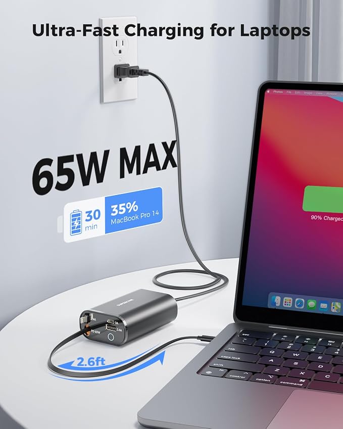 SUPERONE Retractable Charger 104W GaN Desktop Charger PD 65W for Laptop | 4 in 1 Compact Charging Station Retractable USB C &amp Apple Cables 5FT Extension Cord Fast Charging for iPhone/Pixel/Ma