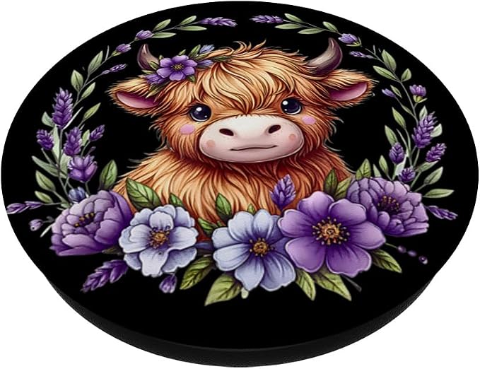 Baby Highland Cow with Purple Flowers Scottish Farm PopSockets Adhesive PopGrip