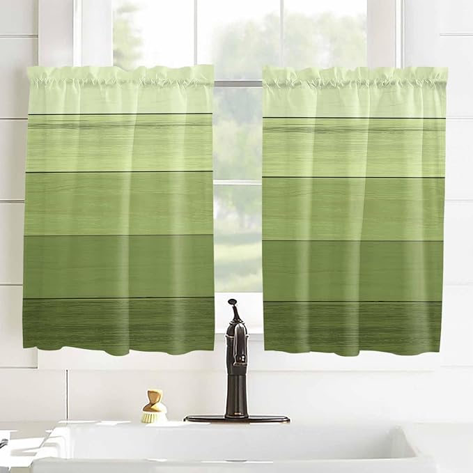 Gradient Green Wooden Board Window Valance Curtains, Retro Country Wood Grain