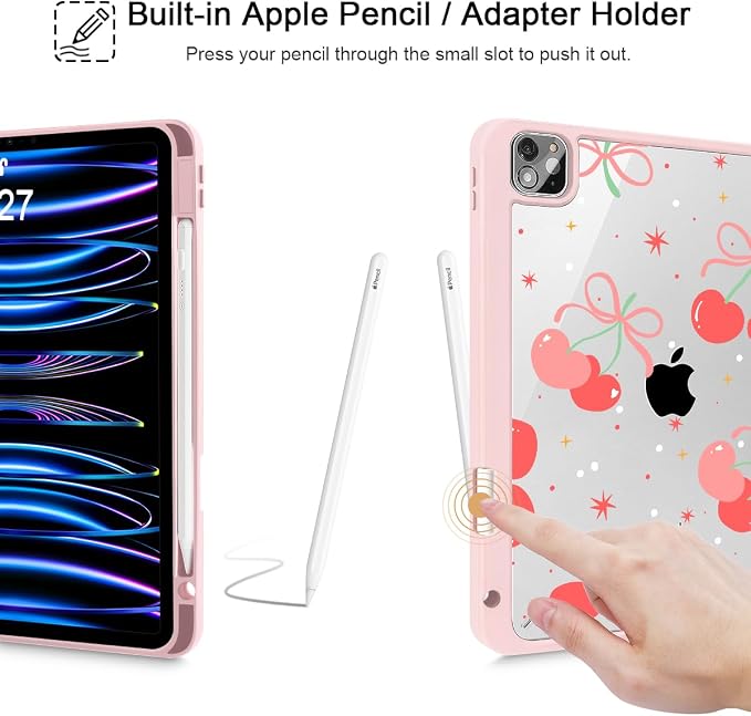 Tuiklol for iPad Pro 11 Inch 4th / 3rd / 2nd / 1st Gen (2022 2021 2020 2018) Case -Built-in Pencil Holder Shockproof Cover Clear Transparent Back Shell with Auto Wake/Sleep Black Flower