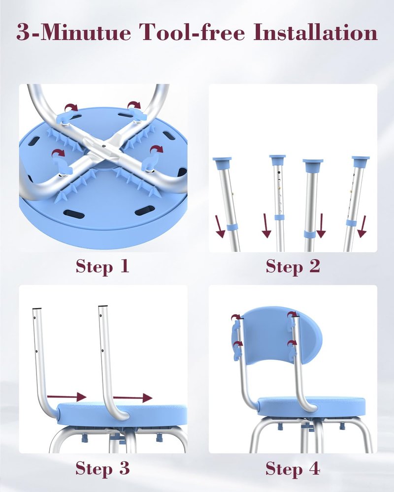 Fvzzin Swivel Shower Chair with Back, 360° Height Adjustable Shower Stool, Compact Space-Saving Design for Small Showers, Non-Slip Bathroom Chair for Seniors & Elderly (Blue)