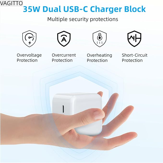 35W Dual USB C Port Compact Power Adapter Compatible with iPhone 16/15/14 MacBook Air iPad Air Pods Foldable Type C Wall Charger Plug Includes 6.8Ft C to C Cable | Wide Compatibility Foldable