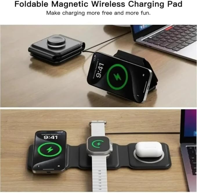 Foldable 3 in 1 Fast Charging Pad Desktop Wireless Charger for iPhone 17 16 15 14 13 12 Pro Max iWatch 10 9 8 7 6 AirPods Pro 2 (Black)