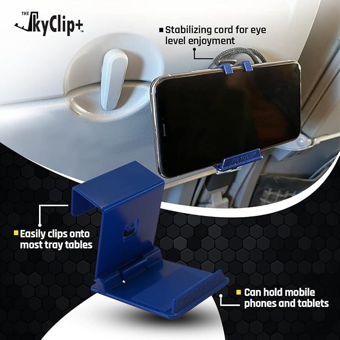 The SkyClip+ Phone &amp Tablet Holder for Air Travel Home and Office Use - Inflight Phone Mount &amp Stand Compatible with iPhone Android Kindle and Tablets - Ultimate Travel Accessory (Black)
