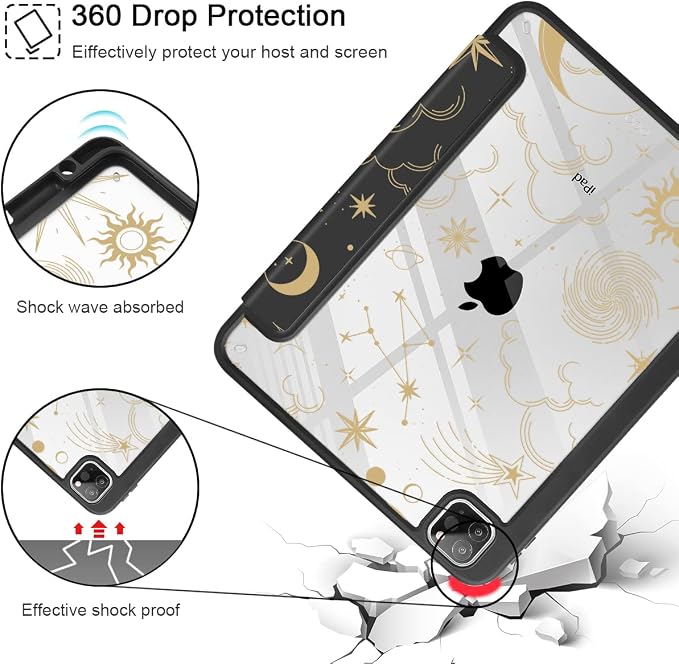 Tuiklol for iPad Pro 11 Inch 4th / 3rd / 2nd / 1st Gen (2022 2021 2020 2018) Case -Built-in Pencil Holder Shockproof Cover Clear Transparent Back Shell with Auto Wake/Sleep Black Flower
