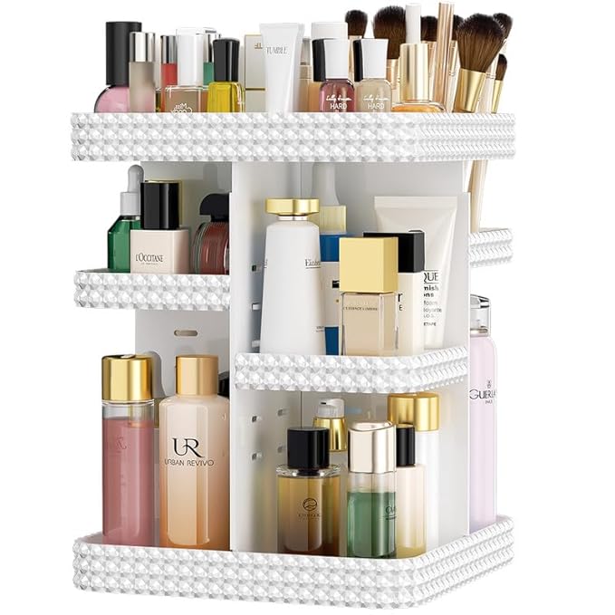 360°Rotating Makeup Organizer, Large Capacity Vanity Organizer with DIY Adjustable Trays, Makeup Brush Cosmetic Skincare Organizer Spinning Holder Shelf Storage Rack, Perfume Organizer For Dresser