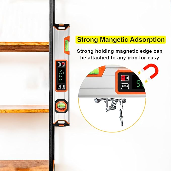 eOUTIL 15.7-Inch Digital Torpedo Level & Angle Finder – IP54 Waterproof Inclinometer with Backlit LCD, V-Groove Magnetic Base, 0.1° Accuracy – for Construction, Woodworking, Metalworking（Orange)