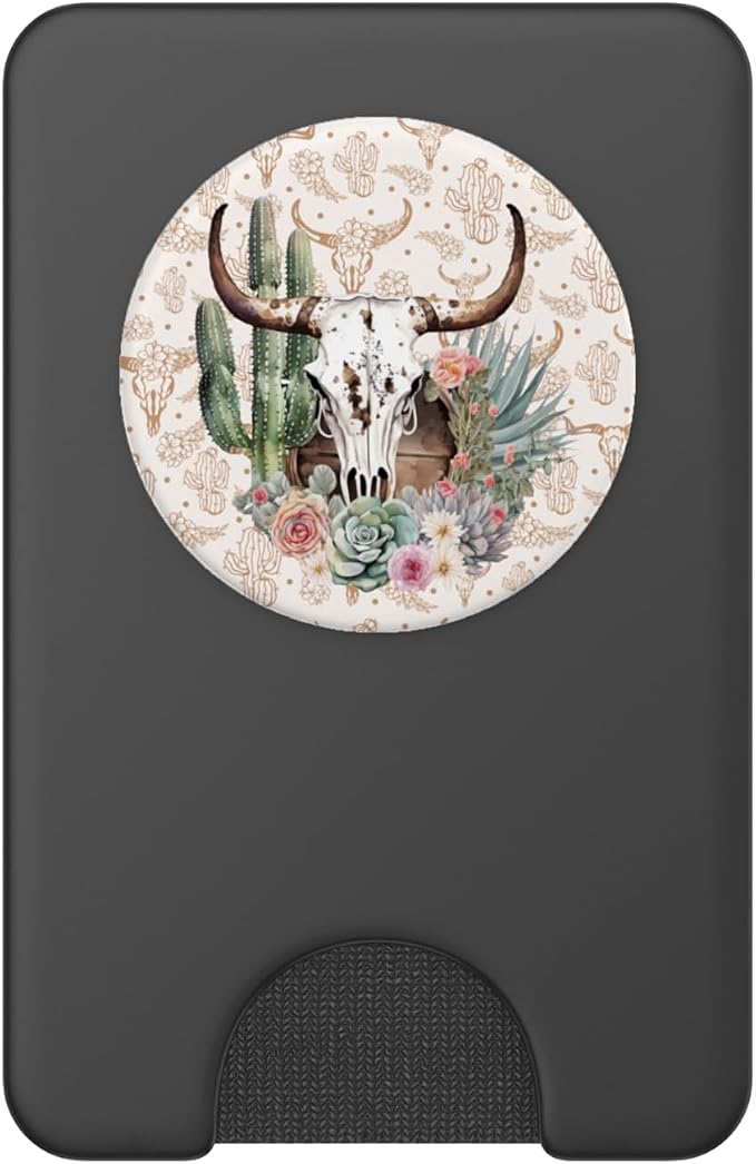 Western Boho Chic Longhorn Bull Skull Cactus Beige Pattern PopSockets Adhesive PopGrip