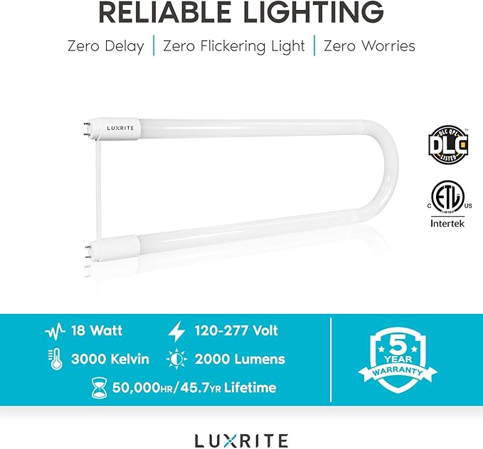 LUXRITE U Bend LED Tube Light, T8 T12, 18W (32W Equivalent), 3000K Soft White, 2000 Lumens, Fluorescent Light Tube Replacement, Direct or Ballast Bypass, DLC and ETL Listed, G13 Base (4 Pack)