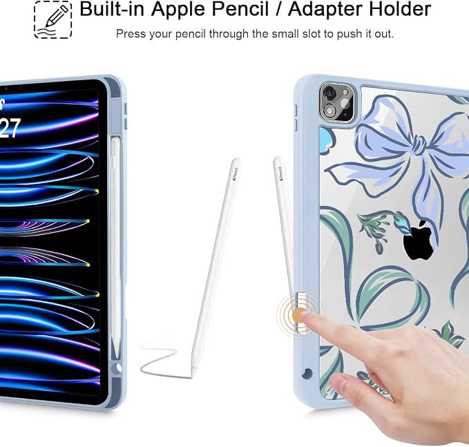 Mektron Case for iPad Pro 11 inch Case M2 2022 Generation 4th Fit 2021 2020 2018 iPad Pro 11 (3rd 2nd &amp 1st Gen) -Buit in Pencil Holder with Shockproof Cover Clear Shell Blue Bows &amp Flower