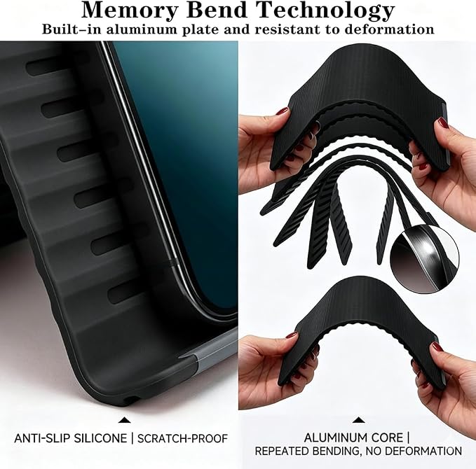 Flexible Silicone Phone Holder Bendable Foldable Stand with Aluminum Adjustable Anti-Slip Multi-Angle Cellphone Holder Portable Rollable Stand for Phone Tablet Laptop 2 Pack Black