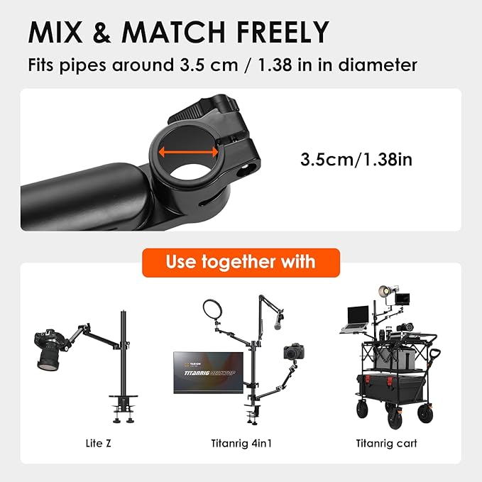 TARION Modular Desktop Arm Set - 18"/45 cm Adjustable Arm with Spigot Mount for COB Lights + 29.4"/75 cm (Max) Mic Boom Stand for Microphone Compatible with 35 mm Rods - Titanrig Arm Y